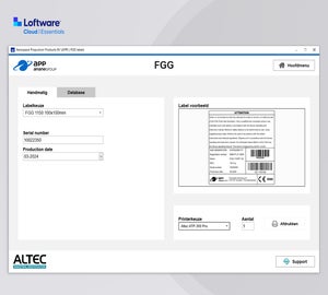 Loftware Cloud Essentials applicatie voor het beheren en afdrukken van FGG-labels met serienummers en productiedata